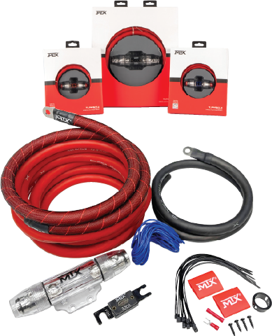 MTX ThunderLink car audio wiring kits including power wire, speaker wire, and RCA interconnects