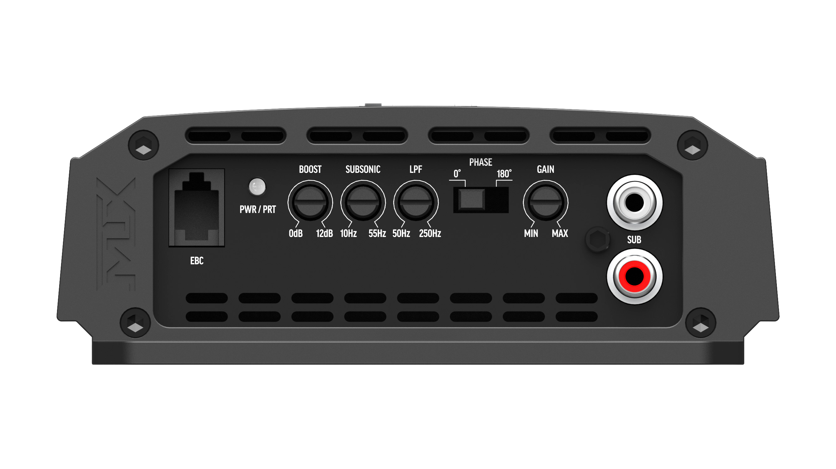 Car amplifier controls side showing gain, crossover, and filter adjustments