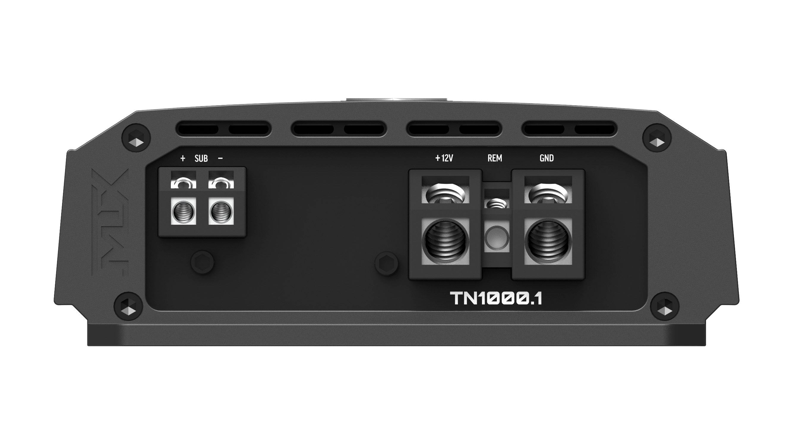 Car amplifier terminal side showing power, ground, remote, and speaker connections