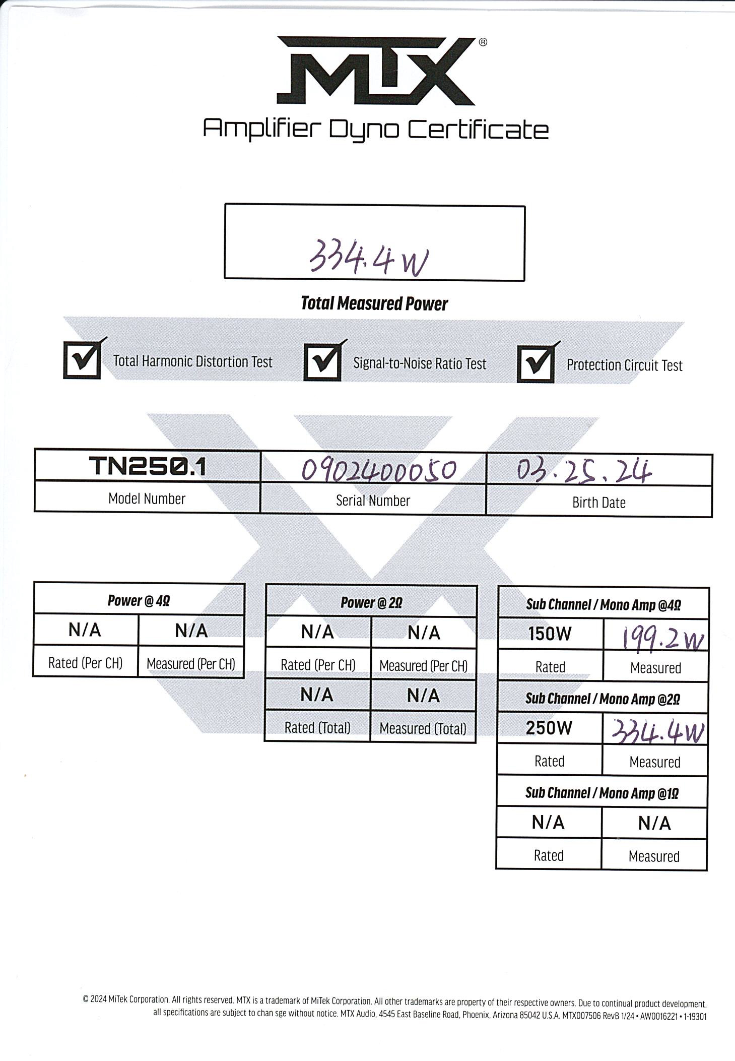 TN250.1 Amplifier Dyno Certificate