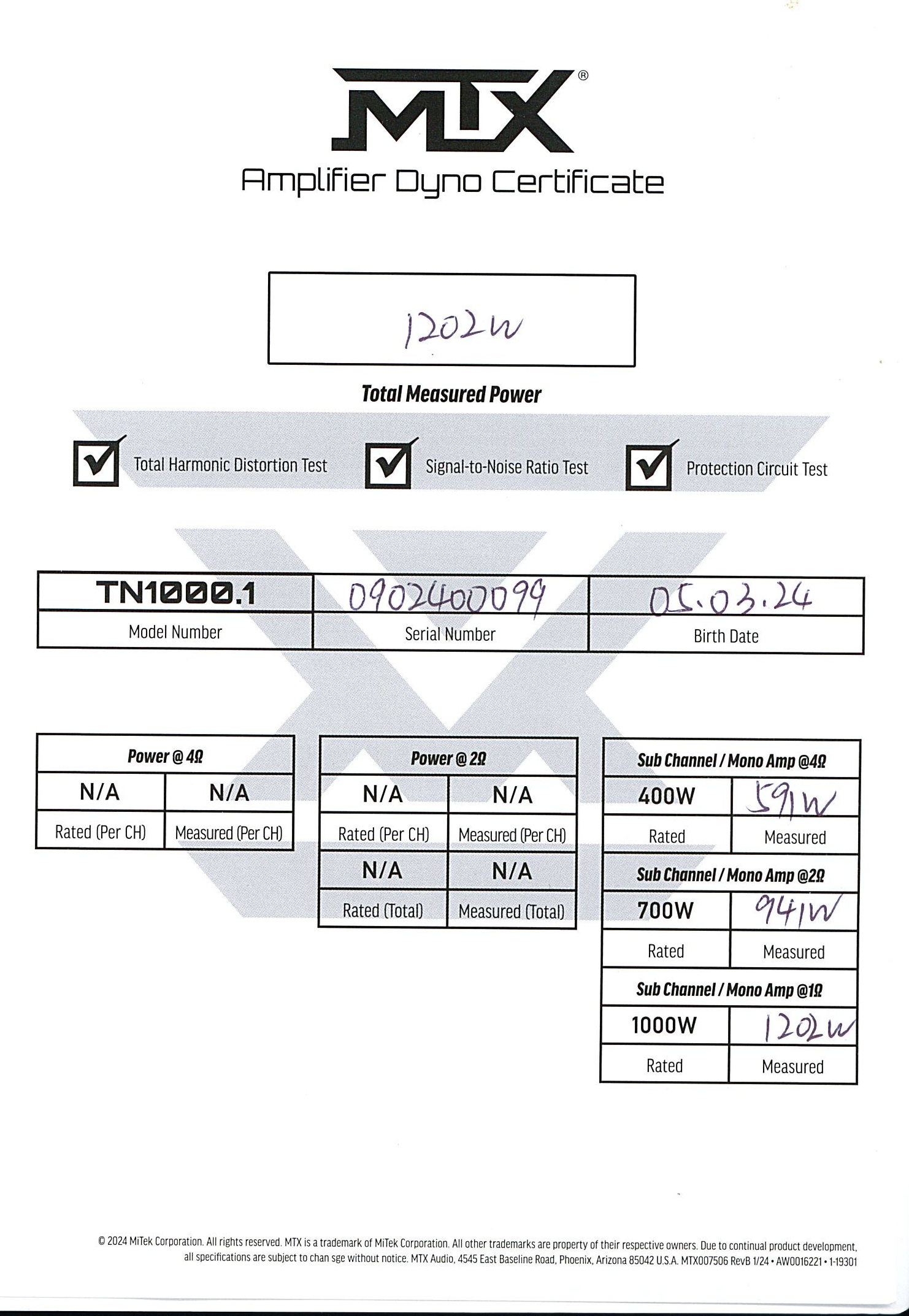 TN1000.1 Amplifier Dyno Certificate