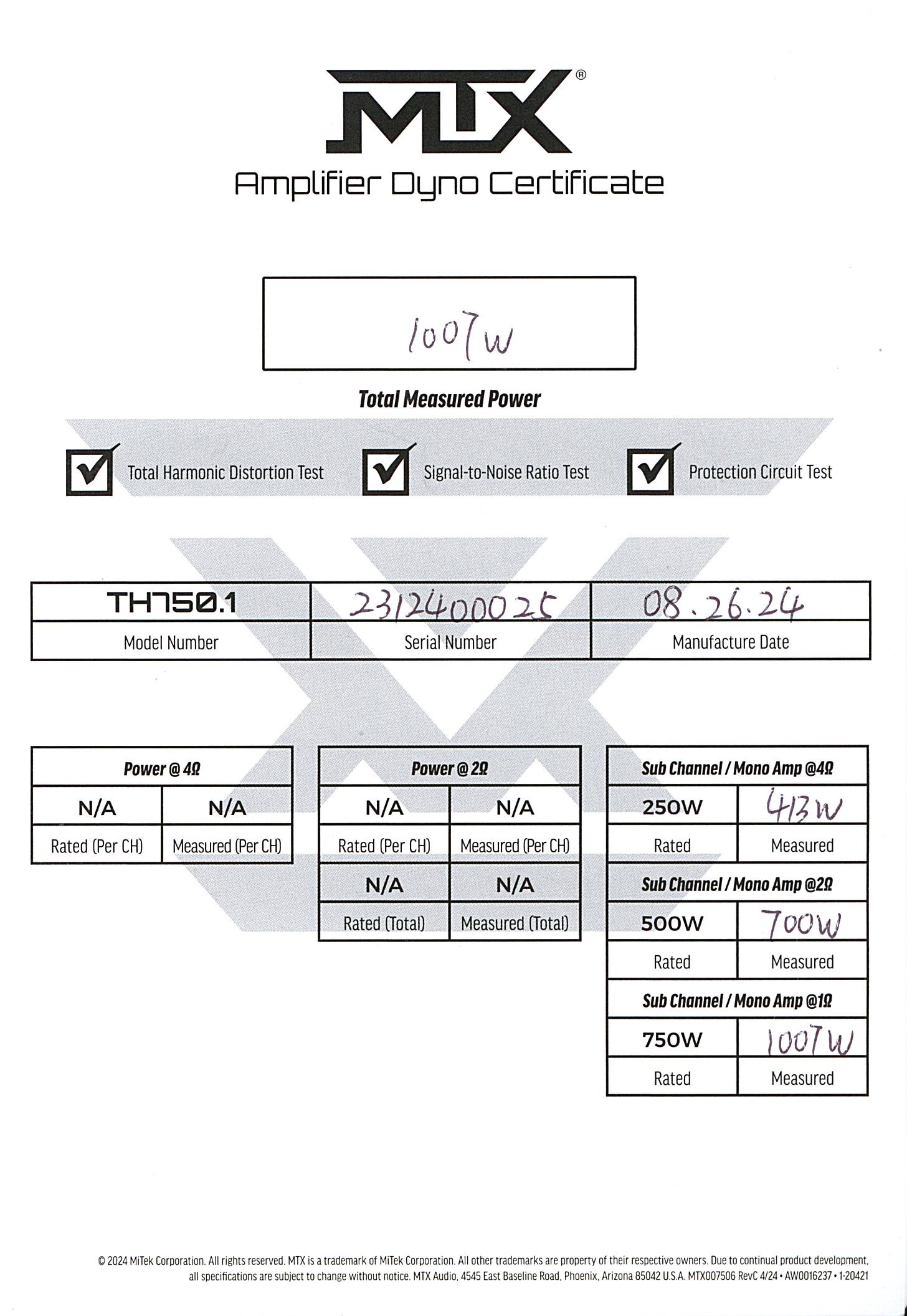 TH750.1 Amplifier Dyno Certificate