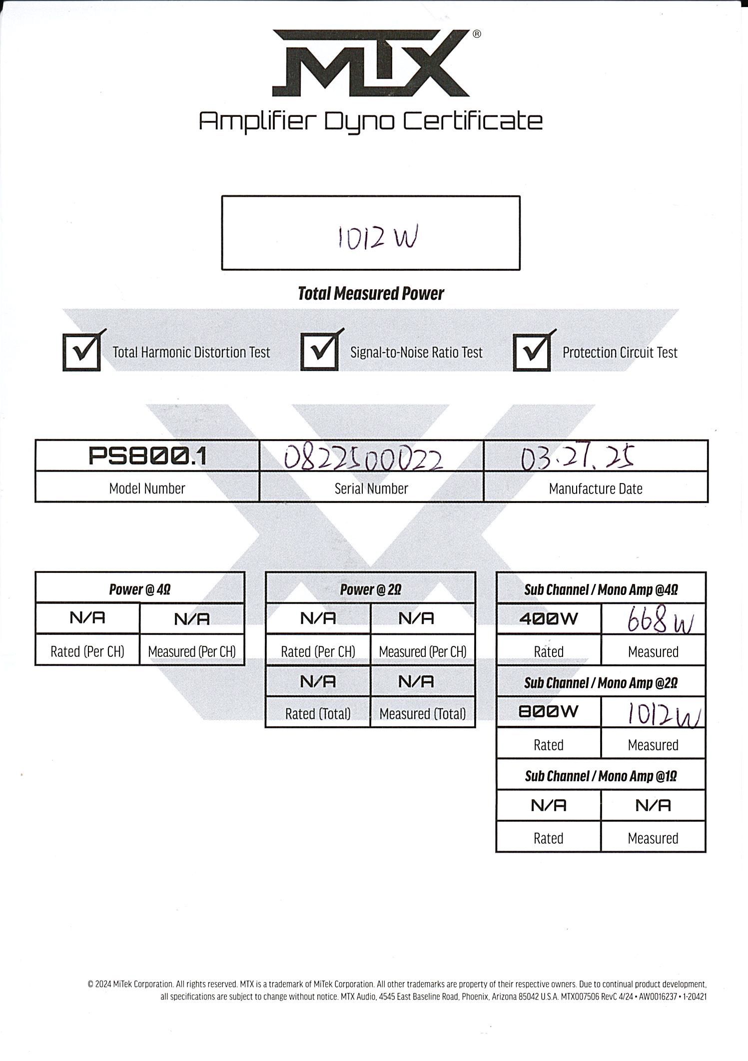 PS800.1 Amplifier Dyno Certificate