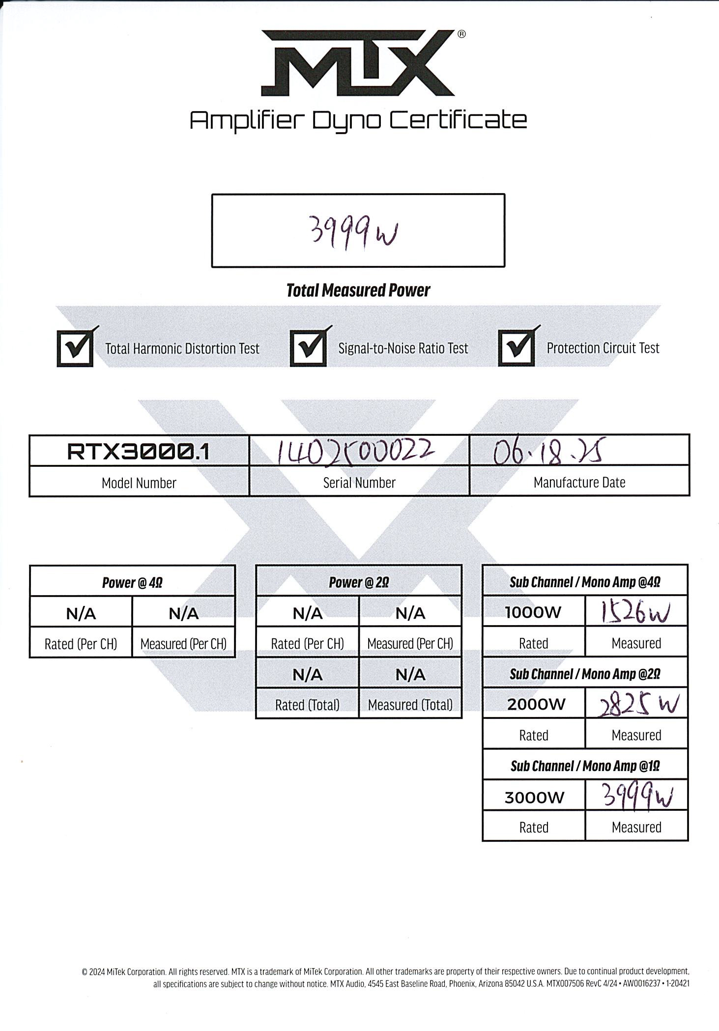 RTX3000.1 Amplifier Dyno Certificate